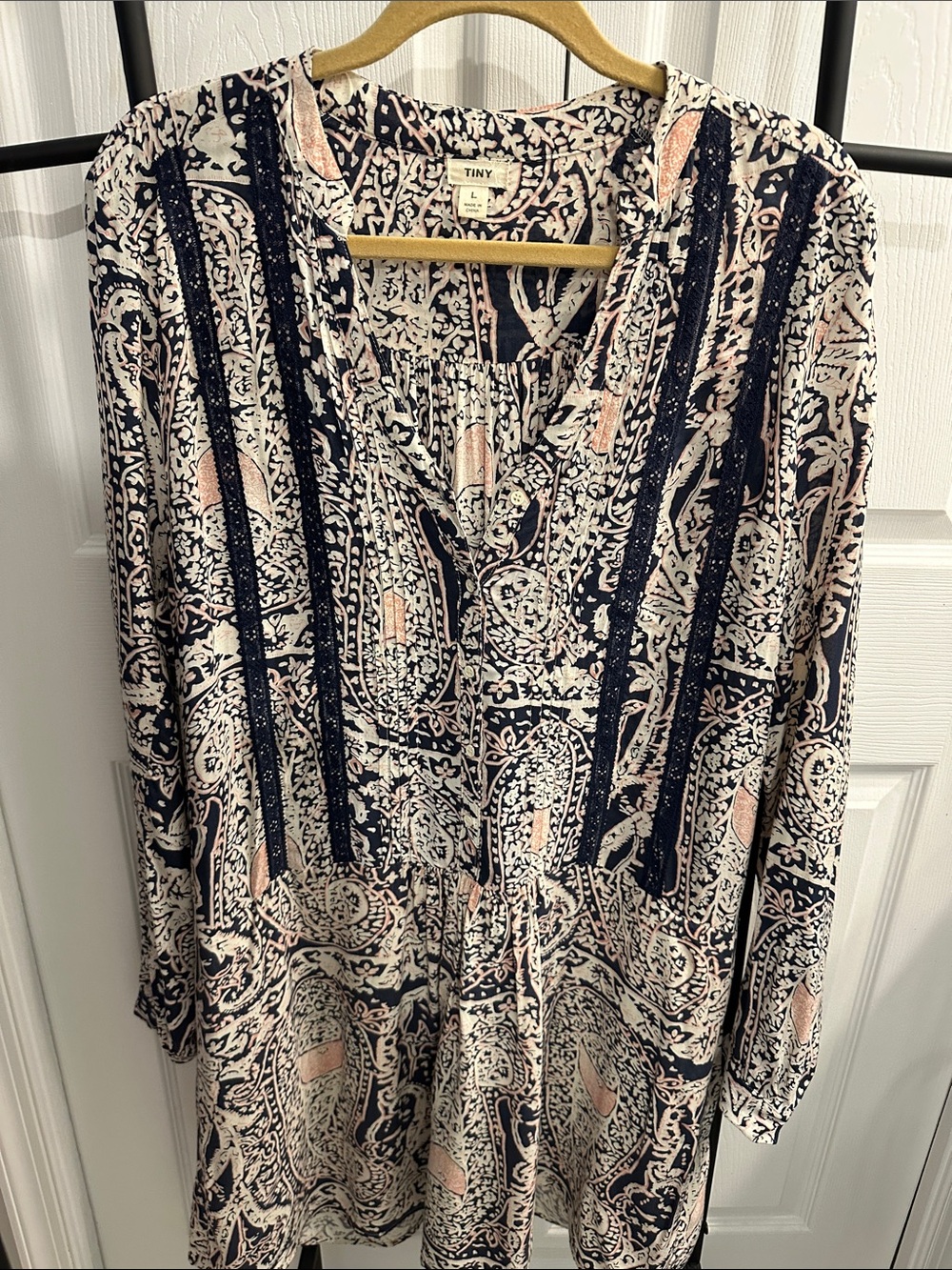 Tiny Paisley Long Sleeve Tunic Dress in Navy and Cream